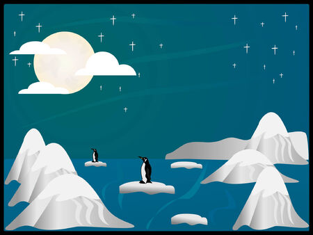 arctic scene with icebergs,mountains,penquins and starsのイラスト素材