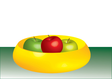 yellow bowl containing one red and two green applesのイラスト素材