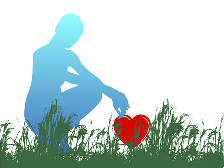 silhouette of a young woman picking love heart from grassのイラスト素材