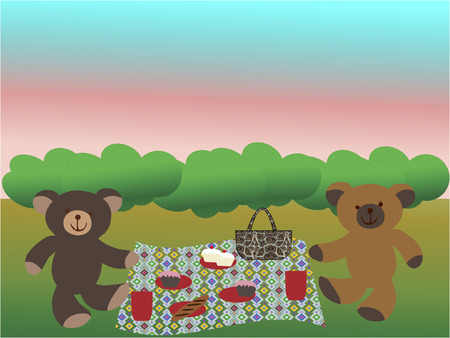 two teddy bears having a picnic on the grassのイラスト素材