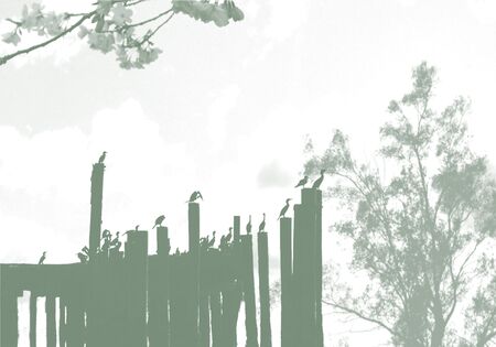 hand drawn illustration of flock of birds perched on pierの写真素材