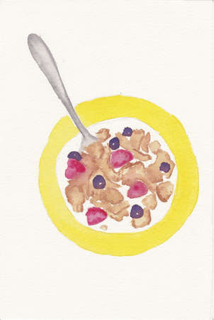 hand painted watercolor painting of a bowl of cereal