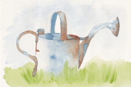 hand painted watercolor of a rusty watering canの写真素材