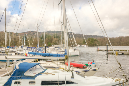 yachts moored on windermere bowness bay lake districtのeditorial素材