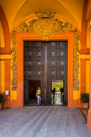Beautiful stone works and tiles of the interior walls and arches of Alcazar Place or the Real Alcazar De Sevillaのeditorial素材