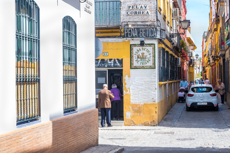 Spain, Seville, may 8th 2019 narrow alleys in the historic center of Sevilleのeditorial素材