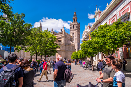 Seville, Spain - May 8th 2019 Seville Cathedral, seen from Calle Mateos Gago .のeditorial素材
