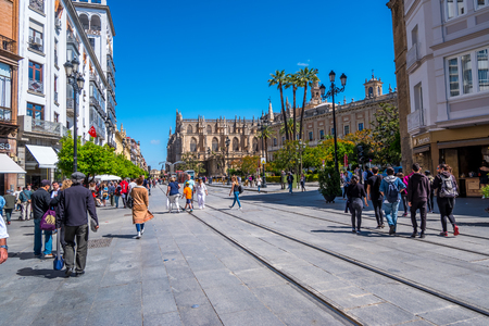 Seville, Spain - May 8th 2019 Seville Cathedral, seen from Calle Mateos Gago .のeditorial素材