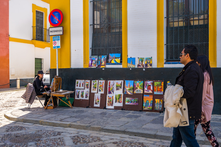 SEVILLE, SPAIN -May 8th 2019: Street artist near Plaza De Espania in Seville Andaluciaのeditorial素材
