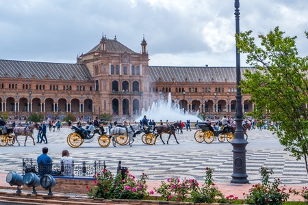 Seville Spain May 8th 2019 The Plaza de Espania is a Square located in the Park in Seville Built in 1928 for the Ibero-American Exposition of 1929.のeditorial素材