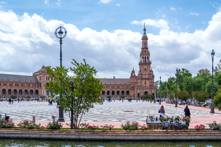 Seville Spain May 8th 2019 The Plaza de Espania is a Square located in the Park in Seville Built in 1928 for the Ibero-American Exposition of 1929.のeditorial素材