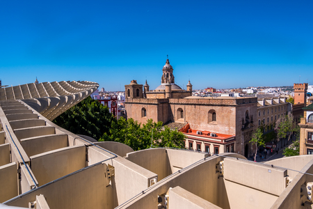 Seville, Spain May 8th 2019: Details of The Metropol Parasol, Setas de Sevilla , the largest wooden structure in the world, , located at Plaza de la Encarnacion, Seville.のeditorial素材