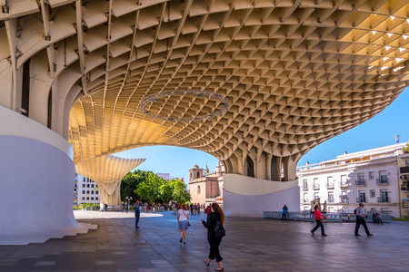 Seville, Spain May 8th 2019: Details of The Metropol Parasol, Setas de Sevilla , the largest wooden structure in the world, , located at Plaza de la Encarnacion, Seville.のeditorial素材