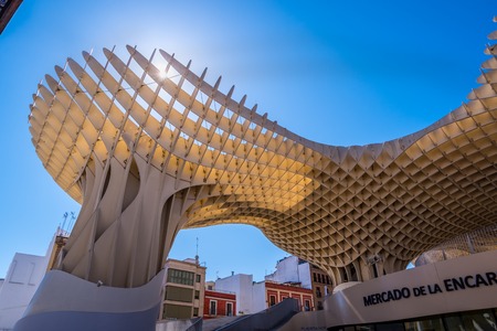 Seville, Spain May 8th 2019: Details of The Metropol Parasol, Setas de Sevilla , the largest wooden structure in the world, , located at Plaza de la Encarnacion, Seville.のeditorial素材