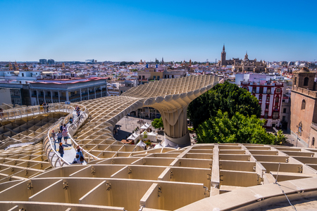 Seville, Spain May 8th 2019: Details of The Metropol Parasol, Setas de Sevilla , the largest wooden structure in the world, , located at Plaza de la Encarnacion, Seville.のeditorial素材