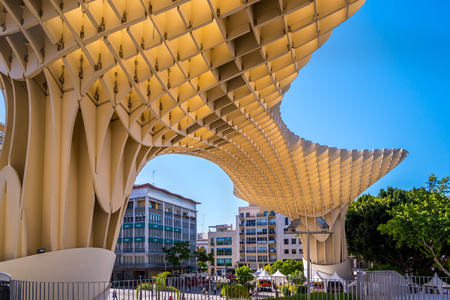 Seville, Spain May 8th 2019: Details of The Metropol Parasol, Setas de Sevilla , the largest wooden structure in the world, , located at Plaza de la Encarnacion, Seville.のeditorial素材