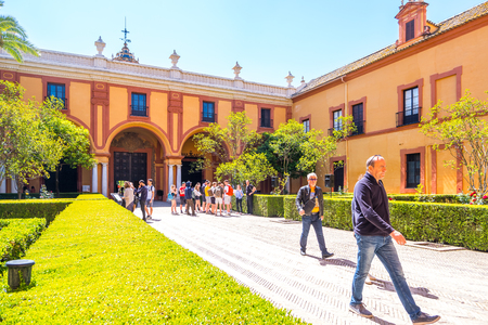 Seville, Spain - May, 8th, 2019 Beautiful wide view of the traditional garden inside a palace of Sevilleのeditorial素材