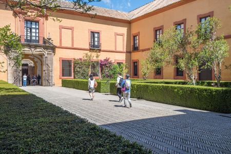Seville, Spain - May, 8th, 2019 Beautiful wide view of the traditional garden inside a palace of Sevilleのeditorial素材