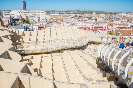 Seville, Spain May 8th 2019: Details of The Metropol Parasol, Setas de Sevilla , the largest wooden structure in the world, , located at Plaza de la Encarnacion, Seville.のeditorial素材