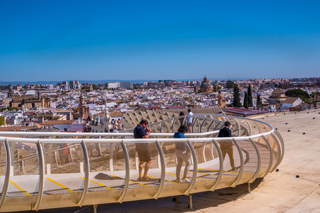 Seville, Spain May 8th 2019: Details of The Metropol Parasol, Setas de Sevilla , the largest wooden structure in the world, , located at Plaza de la Encarnacion, Seville.のeditorial素材