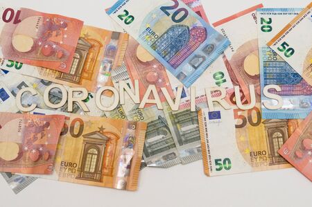 close up of euro money banknotes coronovirus effectの写真素材