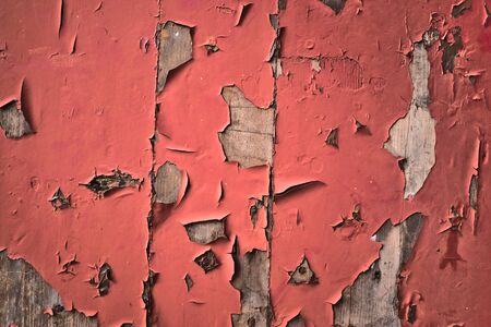 Texture of peeling red paint on grungy old woodの写真素材