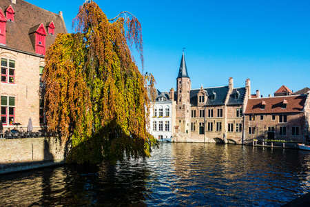 Belguim Bruges 30th October 2016 Canal and medieval houses. Bruges Bruggeのeditorial素材