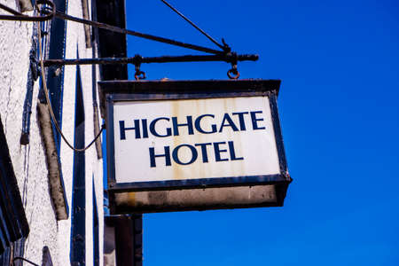 Kendal UK 28 May 2020 black and white Highgate Hotel sign in Kendalのeditorial素材