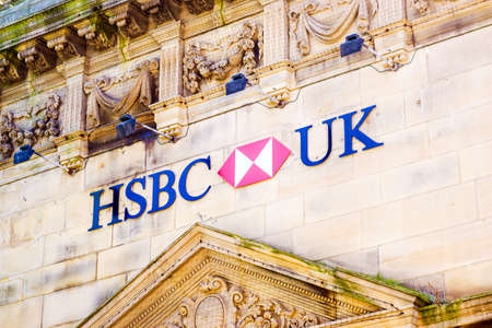 Lancaster UK 30 May 2020 HSBC Hongkong and Shanghai Bank inscription on the wallのeditorial素材