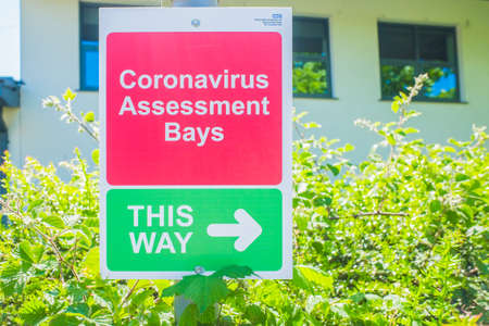 Lancaster UK May 2020 Signage for coronavirus assement bays at Lancaster hospitalのeditorial素材