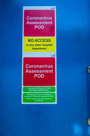 Lancaster UK May 2020 Signage for coronavirus assement bays at Lancaster hospitalのeditorial素材