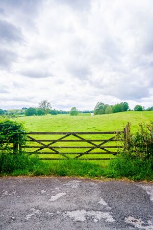 Wooden gate with open field, hawthron hedge and grey skyの写真素材