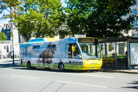 bus on historic lord street shopping area in southport merseysideのeditorial素材