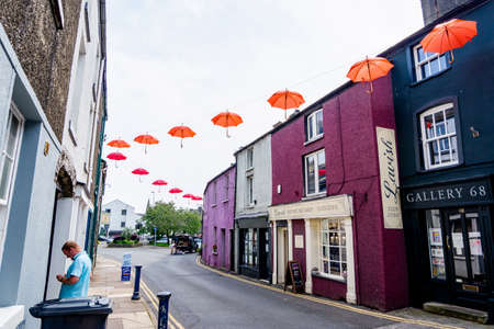 Ulverston UK 24th Aug 2020 Display of multi coloured umbrellas in the market town of Ulverstonのeditorial素材