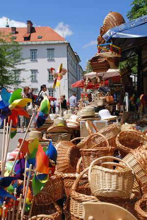 Slovenia Ljubljana Wood objects shop at Vodnikov trg marketのeditorial素材