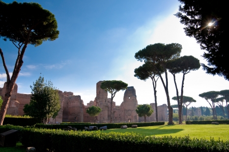 Italy - Roma - Caracalla - View of Caracalla springs with grassland and trees at Rome horizontal - Italyの写真素材