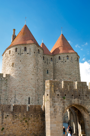 Towers at Porte Narbonnaise at Carcassonne in Franceのeditorial素材