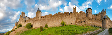 Panoramic view of Carcassonne medieval city walls at late afternoon in Franceのeditorial素材