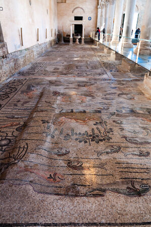Ancient mosaics inside Basilica di Aquileia in Italy Verticalのeditorial素材