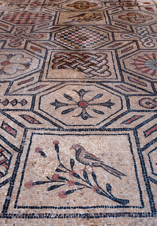 Bird and symbol mosaics inside Basilica di Aquileia in Italyのeditorial素材