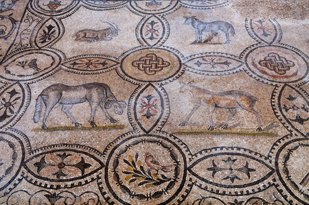 Four animal mosaics inside Basilica di Aquileia in Italyのeditorial素材
