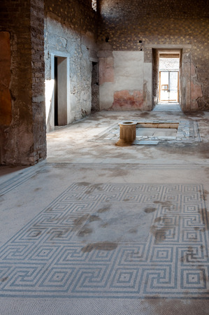 Ancient mosaics and interior of a house at Pompeii - Pompeii was destroyed and buried with ash and pumice after Vesuvius eruption in 79 AD.の写真素材