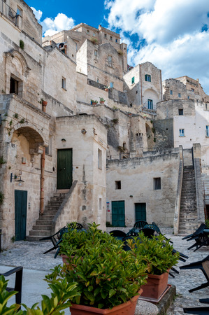 MATERA, ITALY â SEPTEMBER 15, 2014: Street view of buildings in Matera ancient town Sassi di Matera. The city is a UNESCO World Heritage site and European Capital of Culture for 2019のeditorial素材