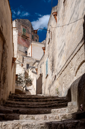 MATERA, ITALY â SEPTEMBER 15, 2014: Street view of Via San Martino in Matera ancient town. The city is a UNESCO World Heritage site and European Capital of Culture for 2019のeditorial素材