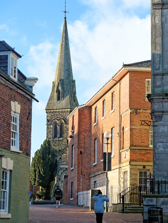 The historic street in Oswestry, UK.