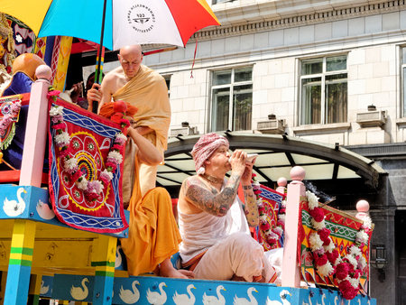 LONDON - JUNE 18: The cart festival called 'Rathayatra' in London June 18, 2017. The priest on the...