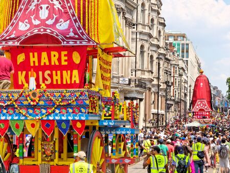 LONDON - JUNE 18: The cart festival called 'Rathayatra' in London June 18, 2017. Colourful wooden carts on the Piccadilly streetのeditorial素材