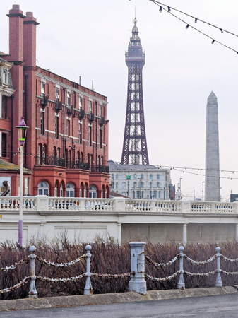 Promenade with a view on the Blackpool Tower and Word War Memorial obelisk.の写真素材