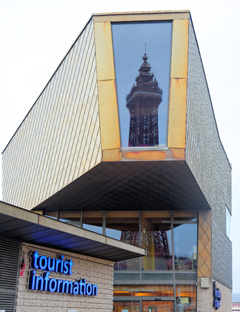 BLACKPOOL, JANUARY 13: Tourist information with reflection of The Blackpool Tower. UK 2018.のeditorial素材
