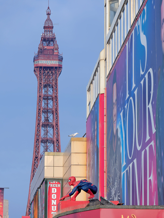 BLACKPOOL, JANUARY 14: Madame Tussauds, UK 2018. Spider-Man on the Blackpool Tower background.のeditorial素材